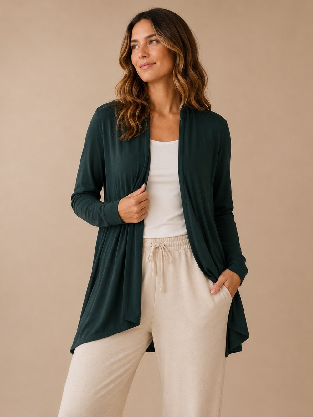 Athleta Dark Green Open Front Cardigan Women's Large Lightweight Layer